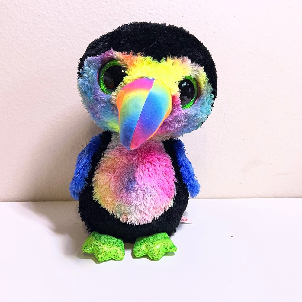 Ty Beaks Toucan‎ 6in Plush Rainbow Multicolor Beanie Boos Bird 2017 Green Eyes